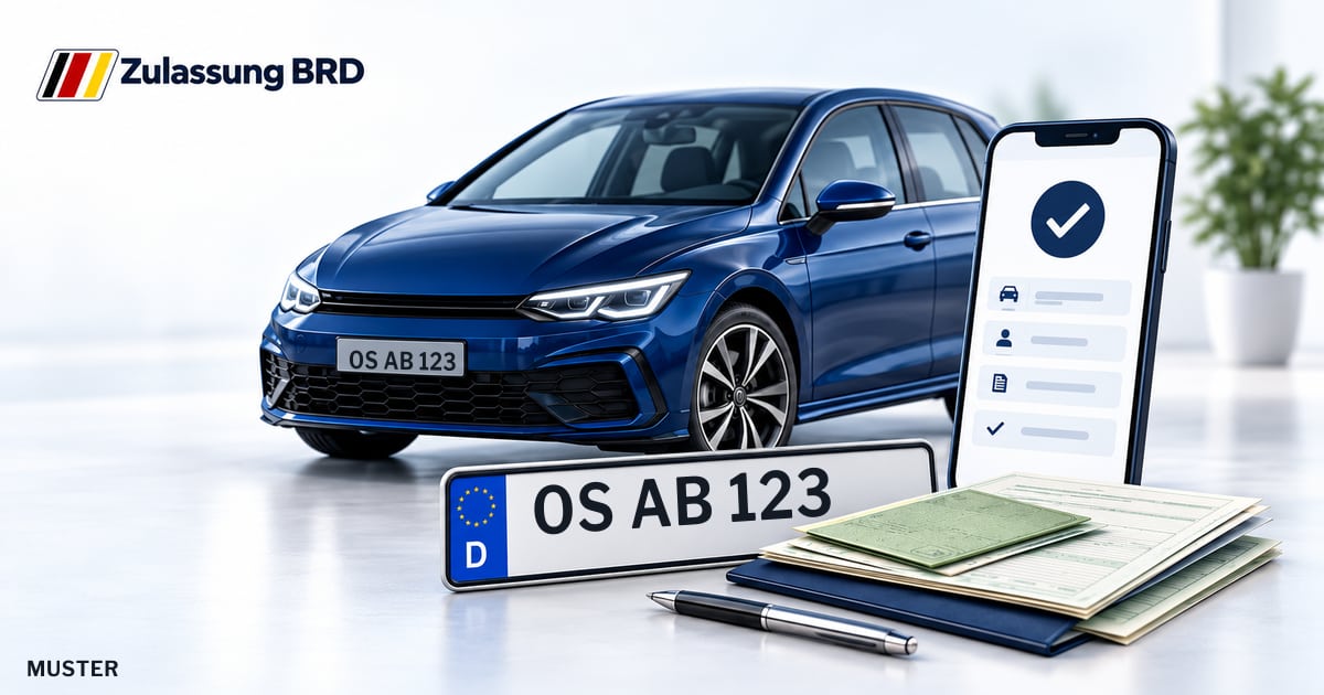 Online Fahrzeugzulassung in Fürstenau: Musterkennzeichen OS AB 123, Auto und Fahrzeugpapiere und Smartphone. Illustration mit Logo von Zulassung BRD.